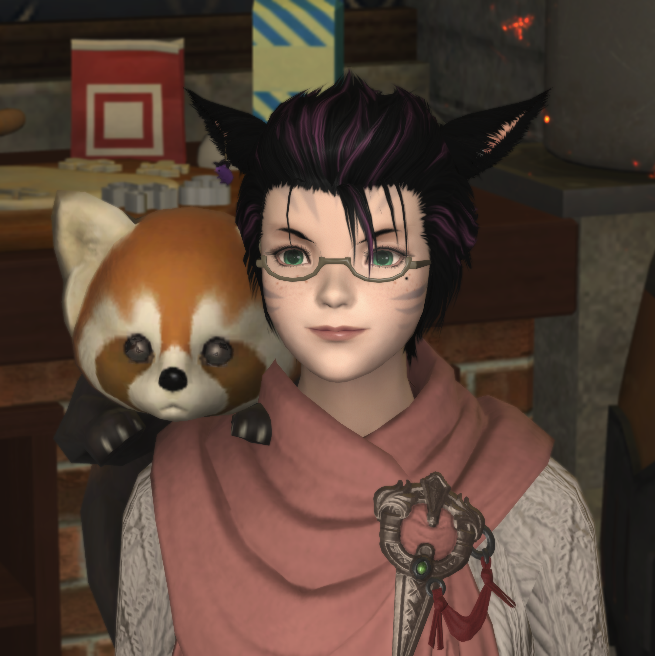 A portrait of the owner in a comfy sweater with a red panda on her shoulder