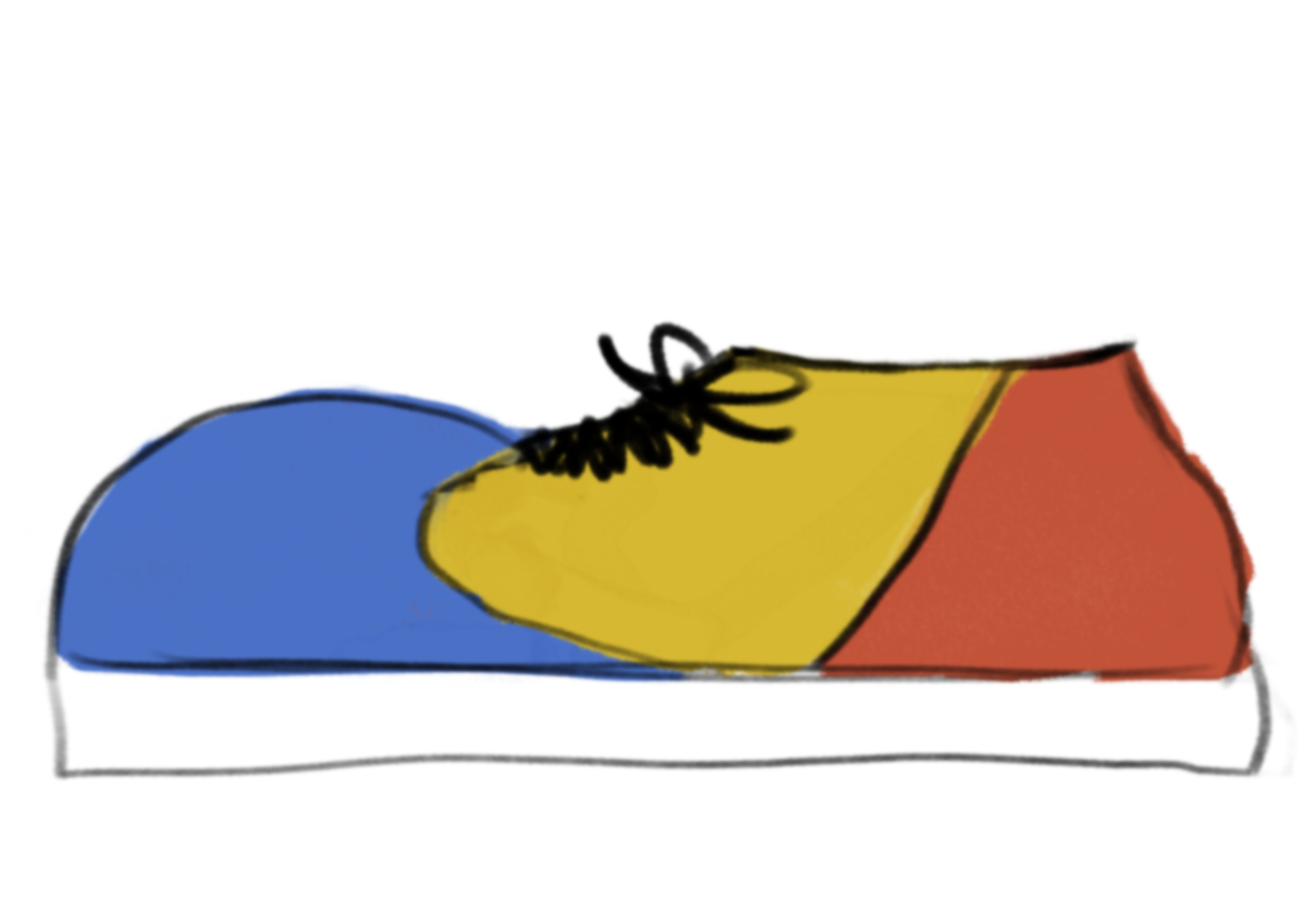 a blue, yellow, and red clown shoe