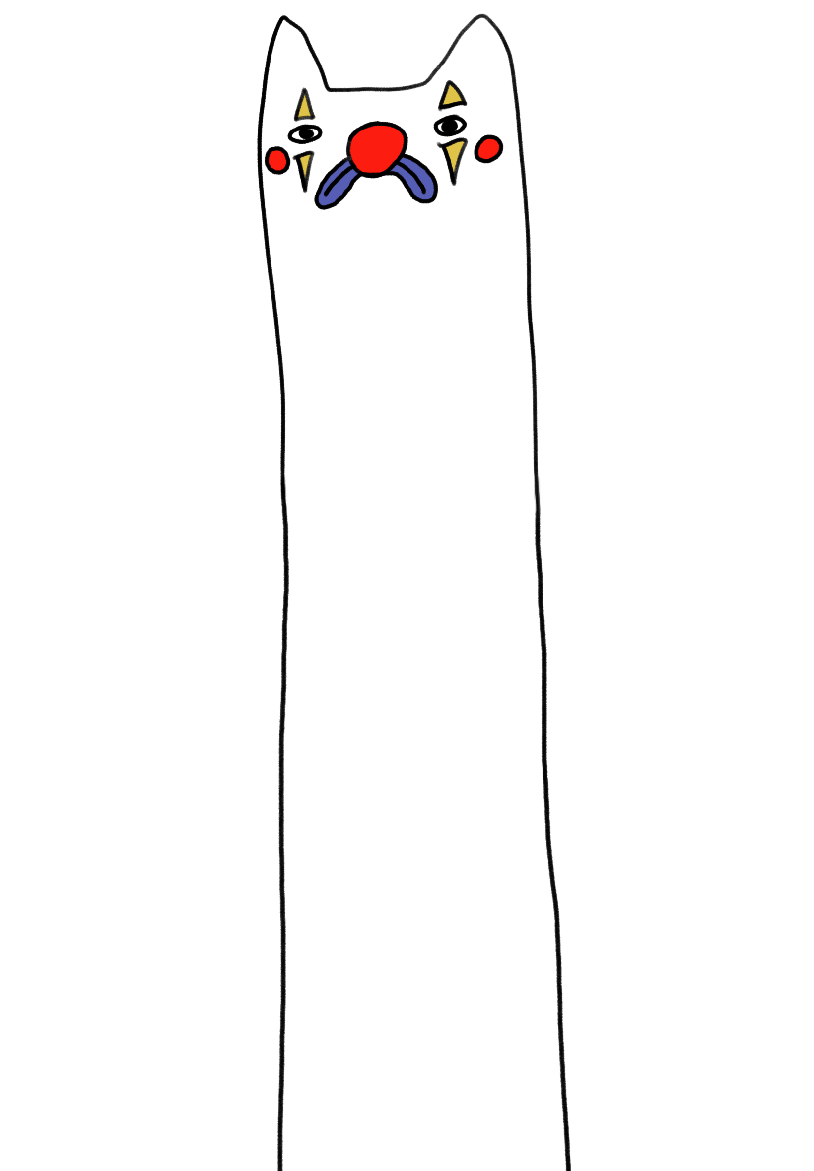 a sad cat clown with yellow eye makeup, blue lips, and red cheeks