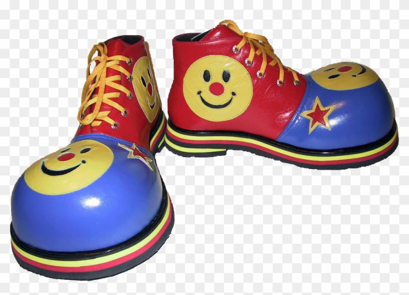 red, blue and yellow clown shoes with stars and smiley faces on them