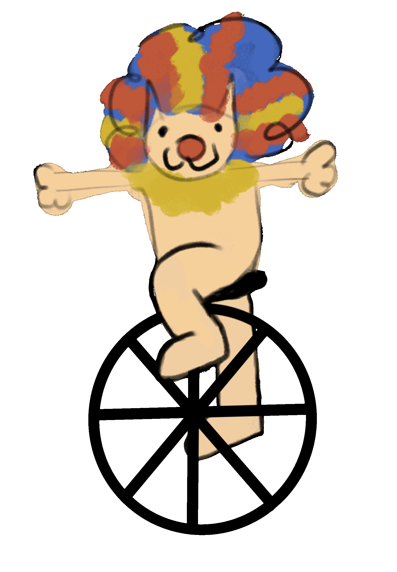 a bipedal cat with a clown wig and red nose riding a unicycle