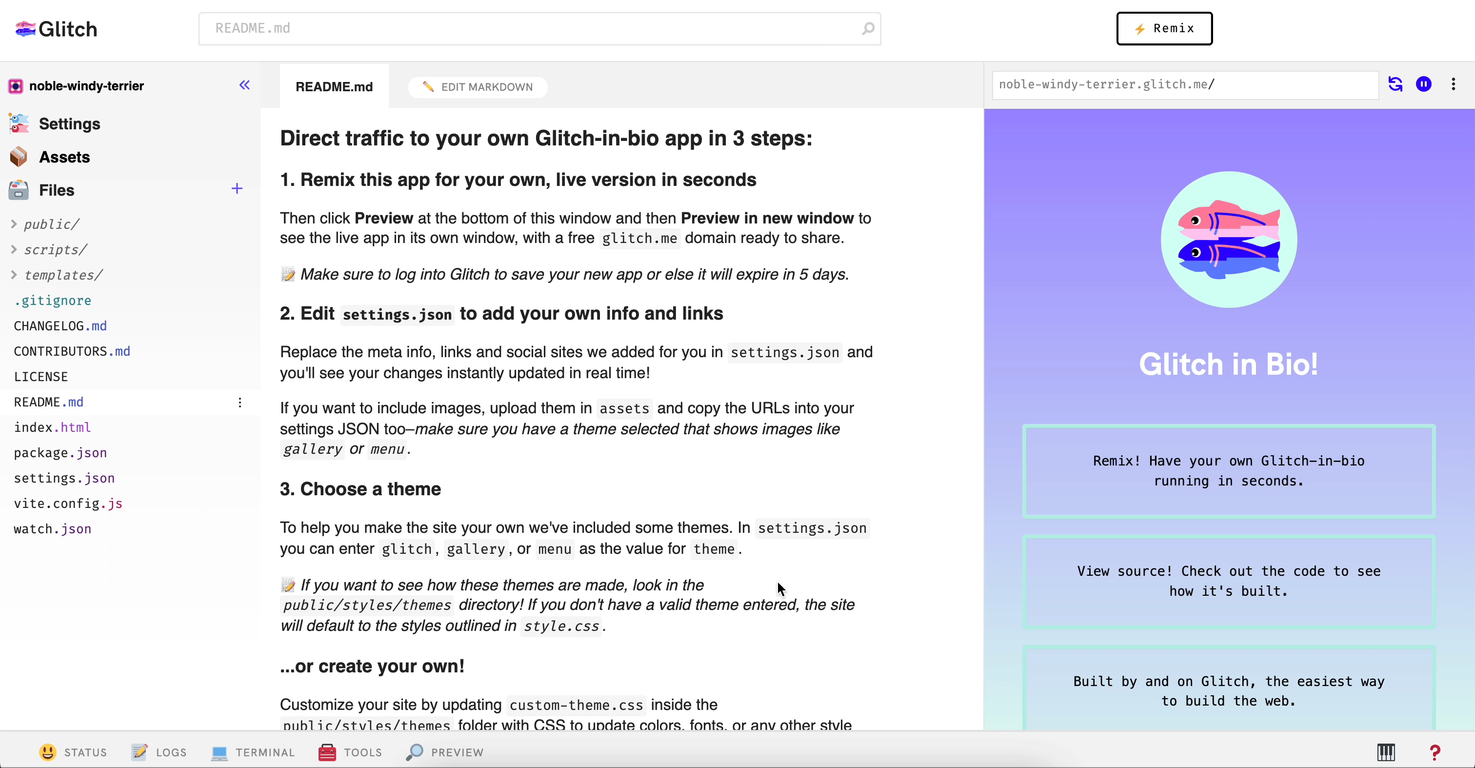 screen gif showing the header of the glitch-in-bio remix being updated to say "hello, world!"