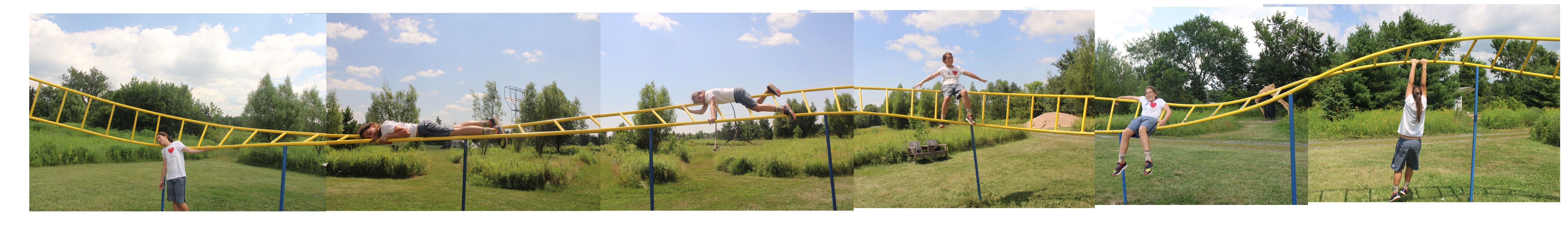 Panorama of twisted yellow handlebars with child making various poses.