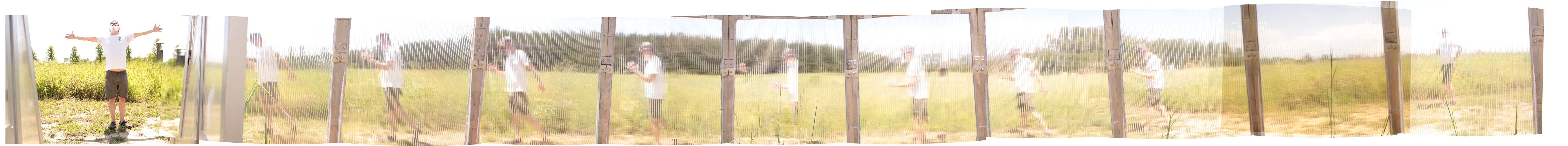 Distorted panorama of field and man making various poses
