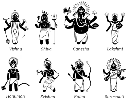 Eight grayscale icons of hindu gods viz. Vishnu, Shiva, Ganesha, Lakshmi, Hanuman, Krishna, Rama, Saraswati