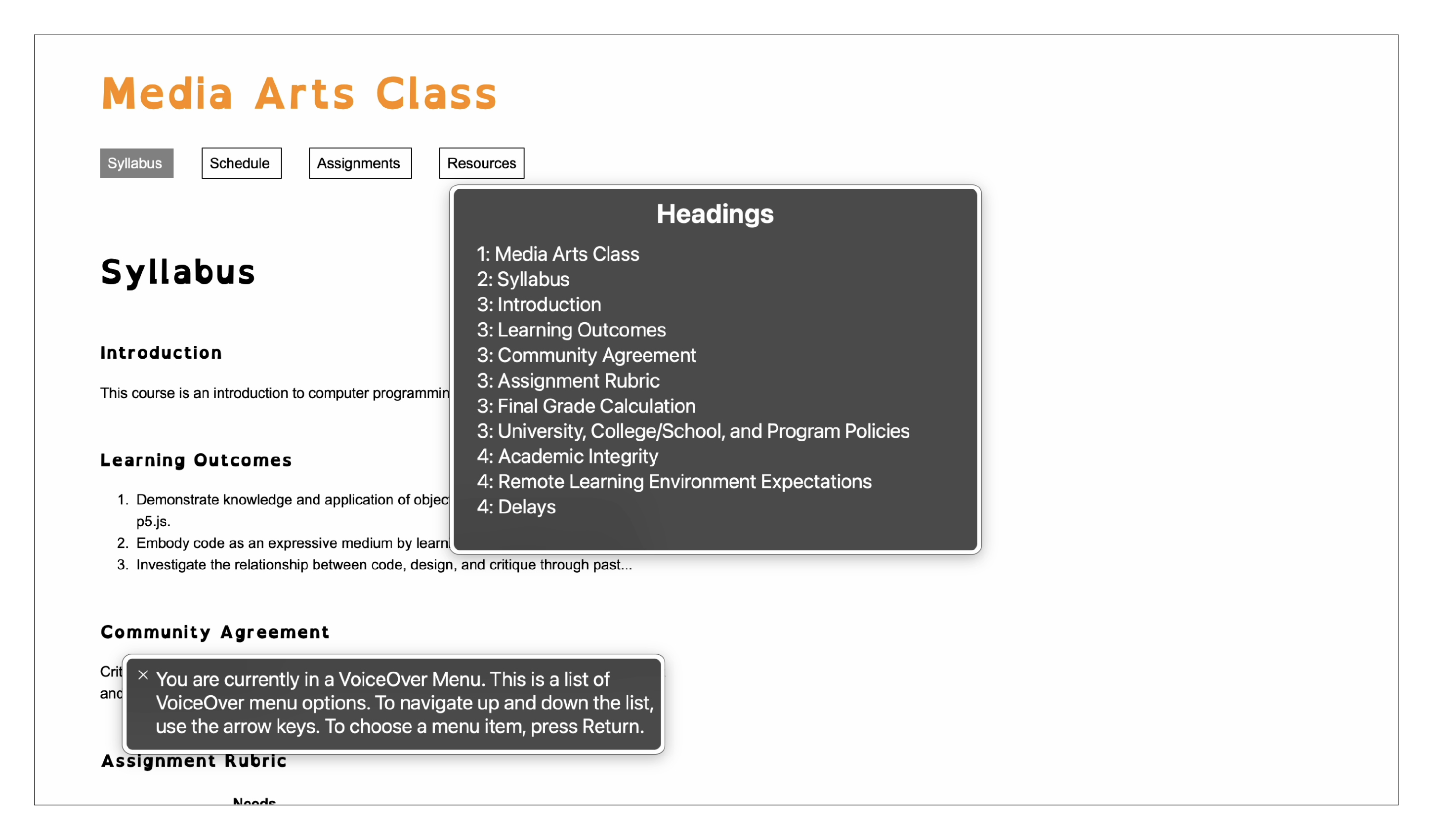 Screenshot of the syllabus page of the template, when viewed with VoiceOver, showing the headers listed on the rotor view