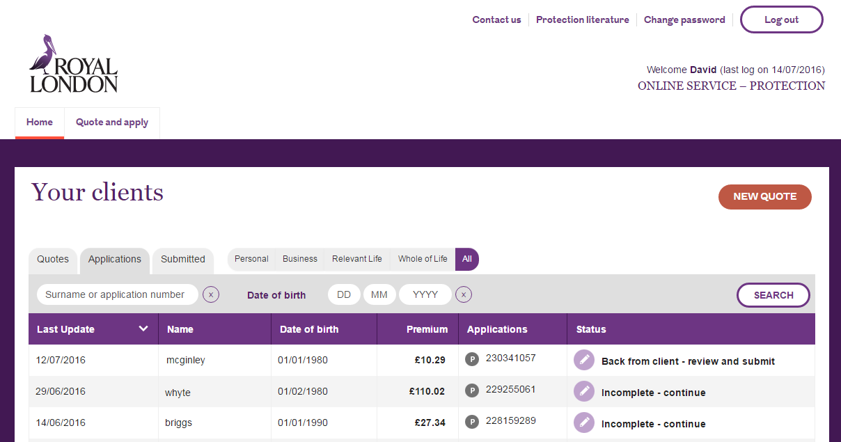 Royal London Dashboard