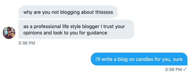 twitter dm conversation where nick says "why are you not blogging about thisssss, as a professional life style blogger i trust your opinions and look to you for guidance" and i respond "i