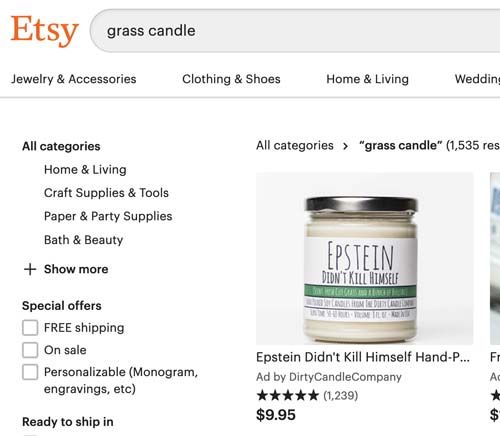 etsy search results page for "grass candle" and the first result is a candle that says "epstein didn