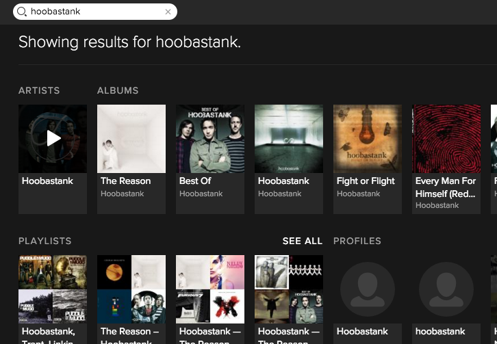 spotify search results for 'hoobastank'