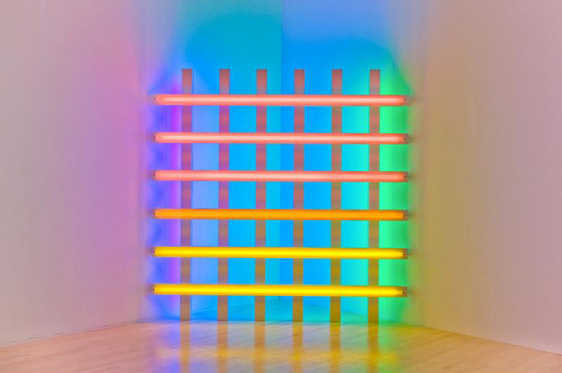 photo of dan flavin's light installation "Untitled (in Honor of Harold Joachim)" in pink, yellow, blue and green fluorescent light