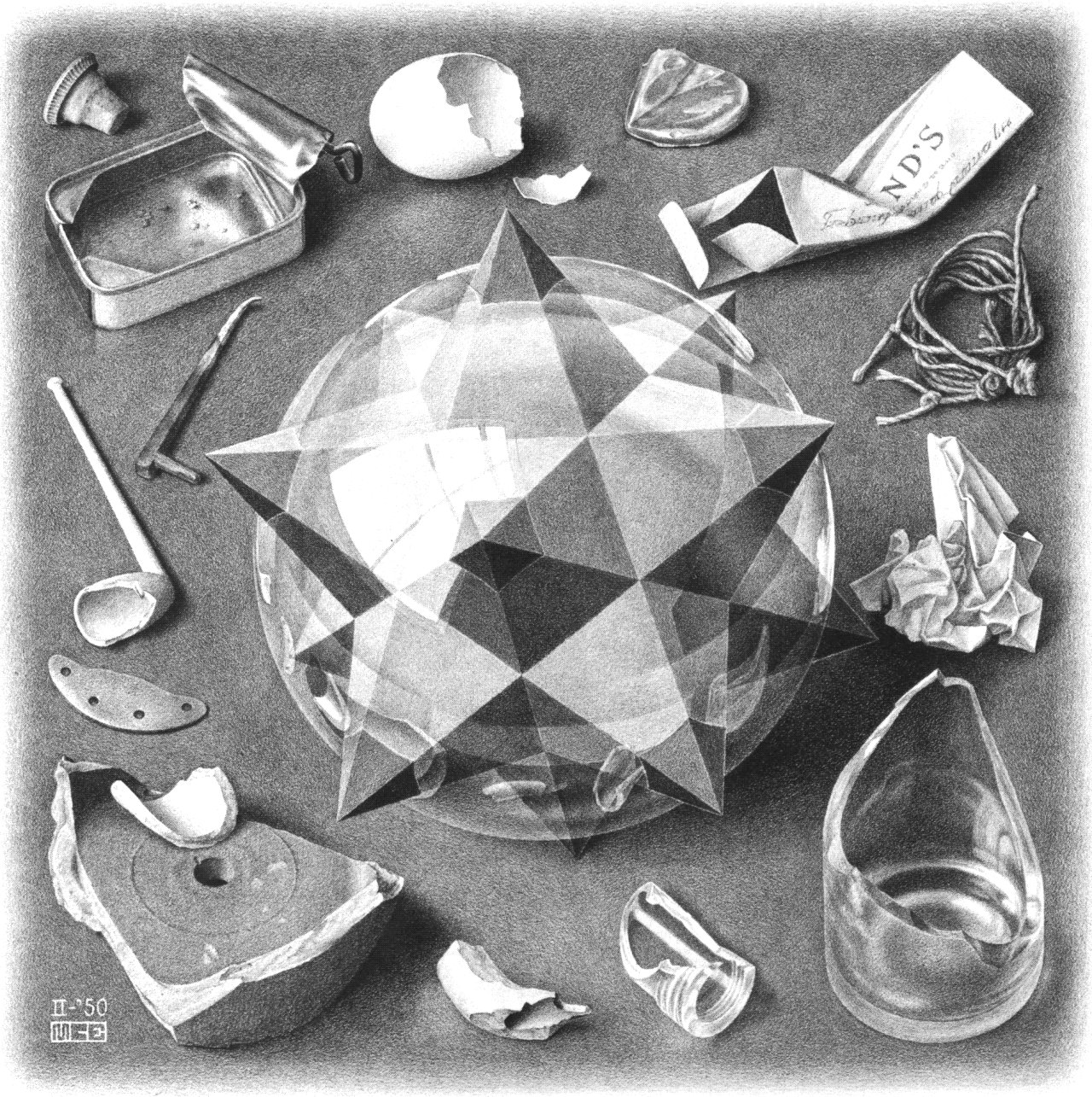 mc escher's drawing 'order and chaos' which has a stellated dodecahedron surrounded by various objects