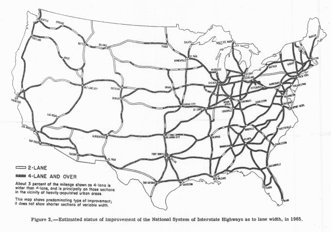 1965 status map showing progress on following the 1955 highway plan