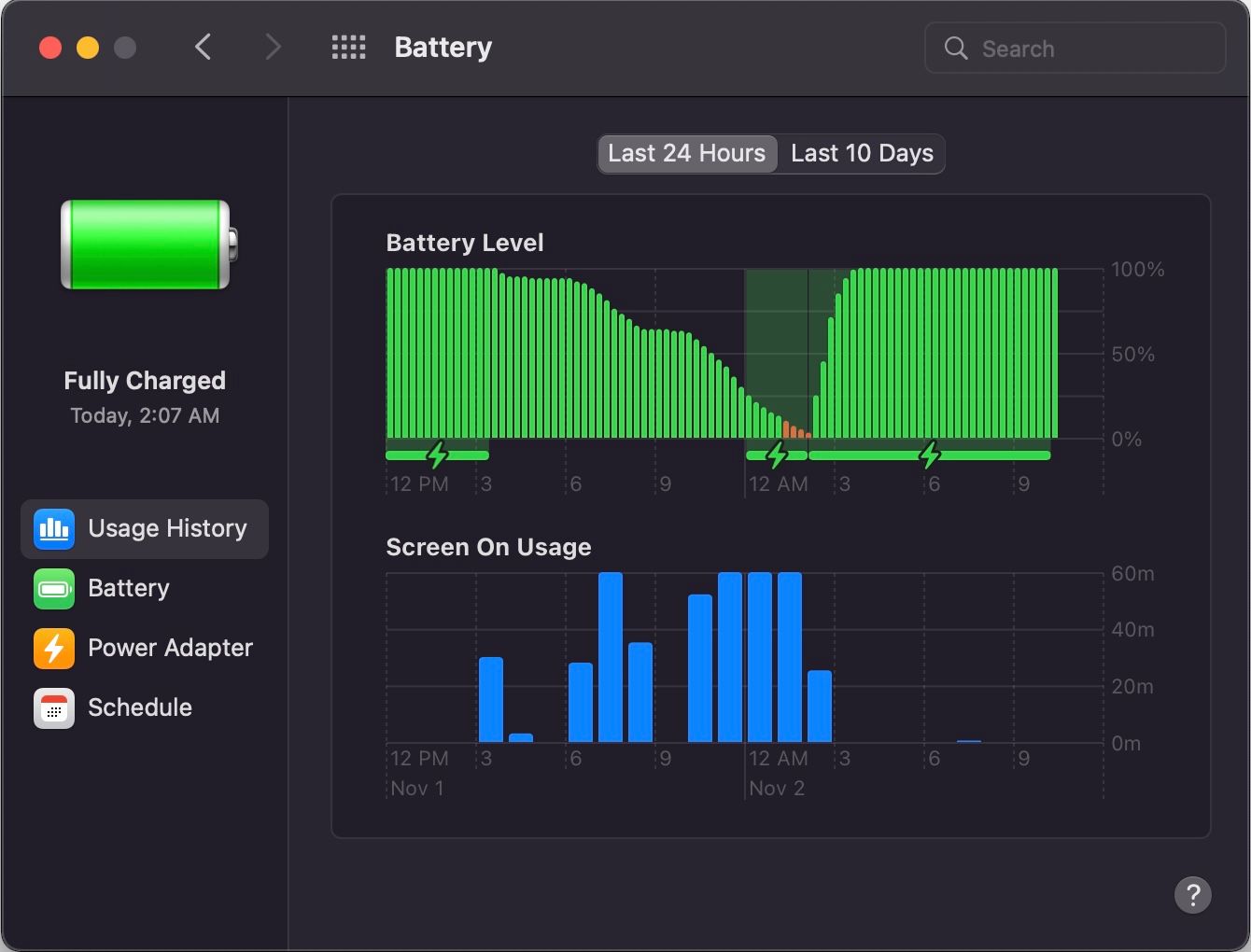 screenshot of the macOS battery control panel, showing a full recharge in about 90 minutes