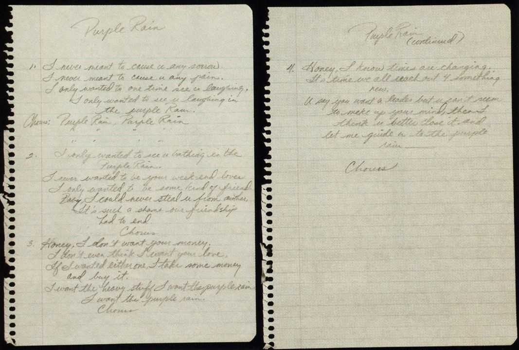 Prince’s original hand-written lyrics for Purple Rain, including the deleted third verse Prince’s original hand-written lyrics for Purple Rain, including the deleted third verse