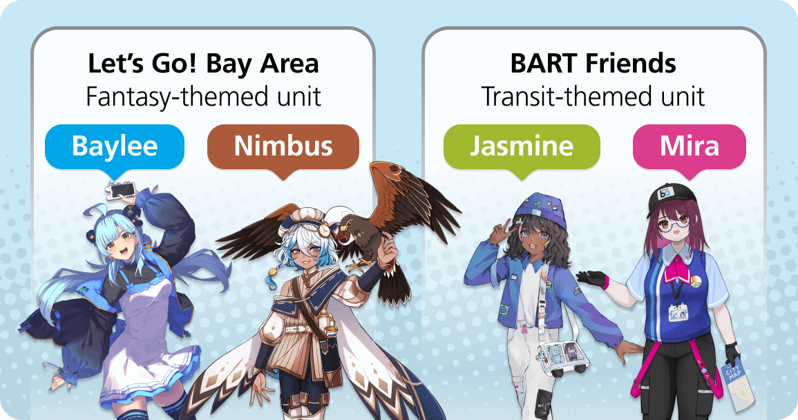 BART anime mascots: Baylee, Nimbus, Jasmine, Mira