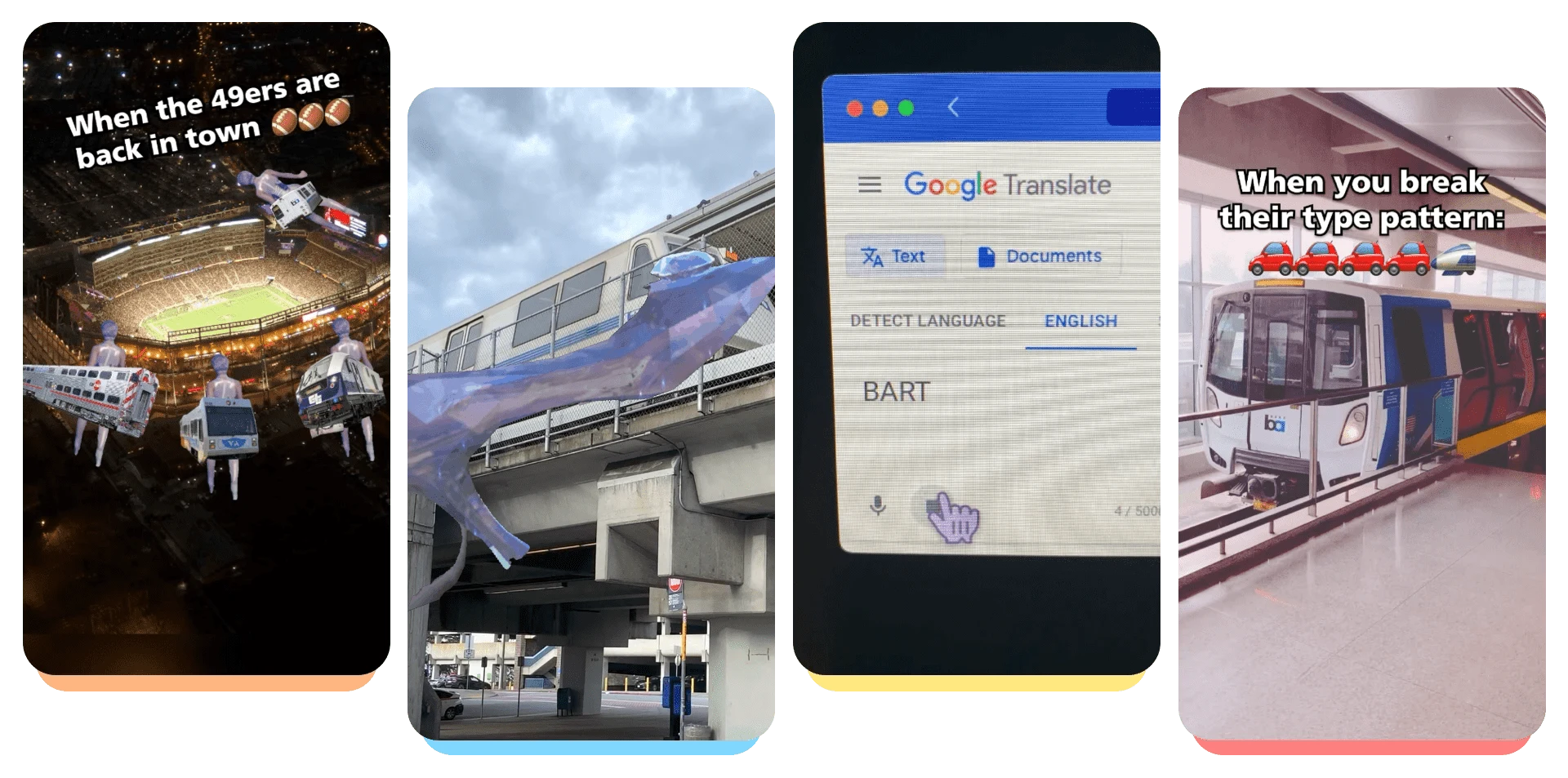 Some out of context screenshots of TikTok videos I produced for BART!