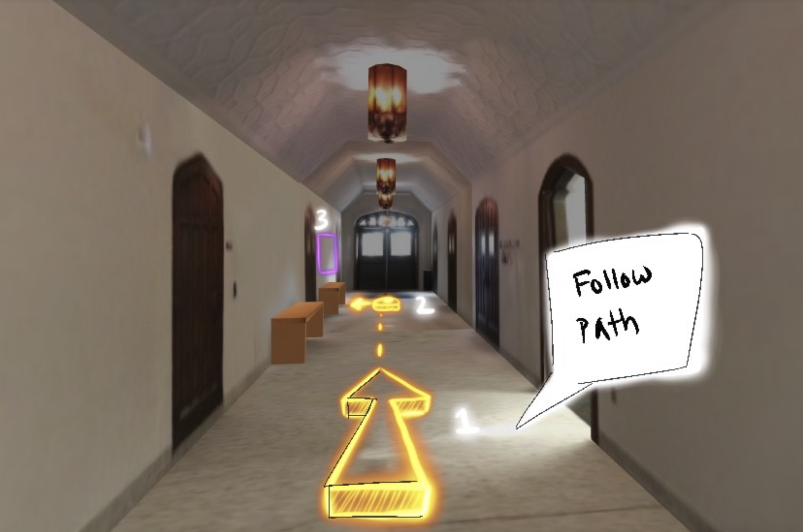 AR demonstration in hall with hanging lights