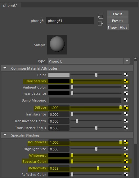 Screenshot of Phong material settings for transparency