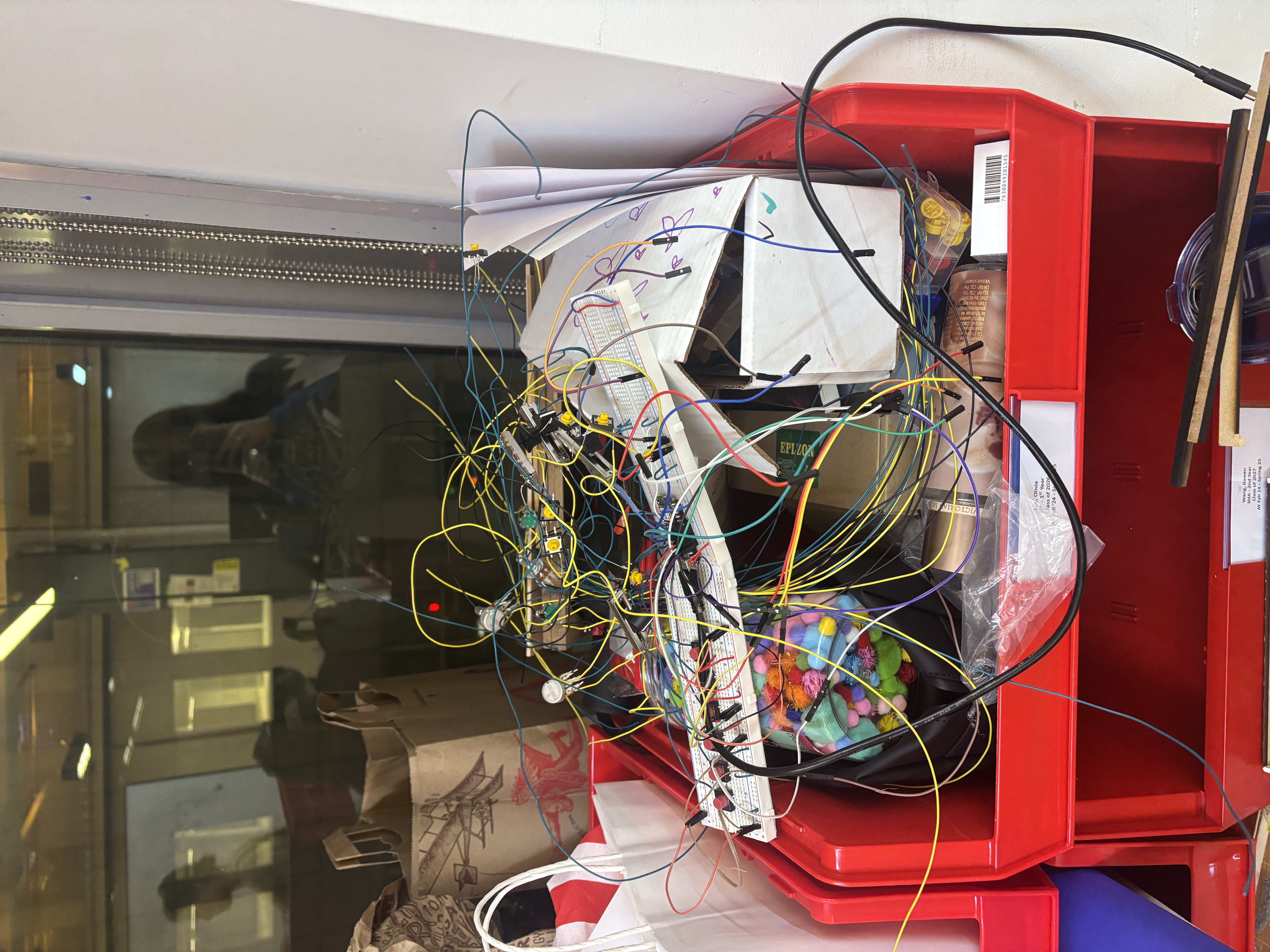 mess of soldered wires/inputs in my red bin