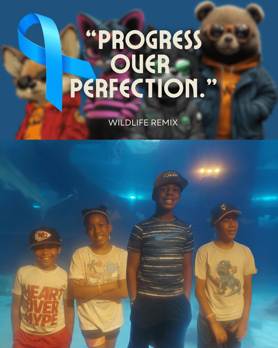 Photo of Lewis, Laila, Jordan, Lawrence at an aquarium.